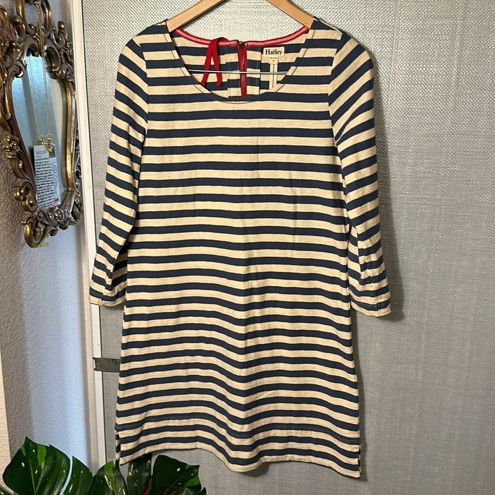 Hatley blue cream Striped red zipper cotton short sleeve nautical Dress Size M